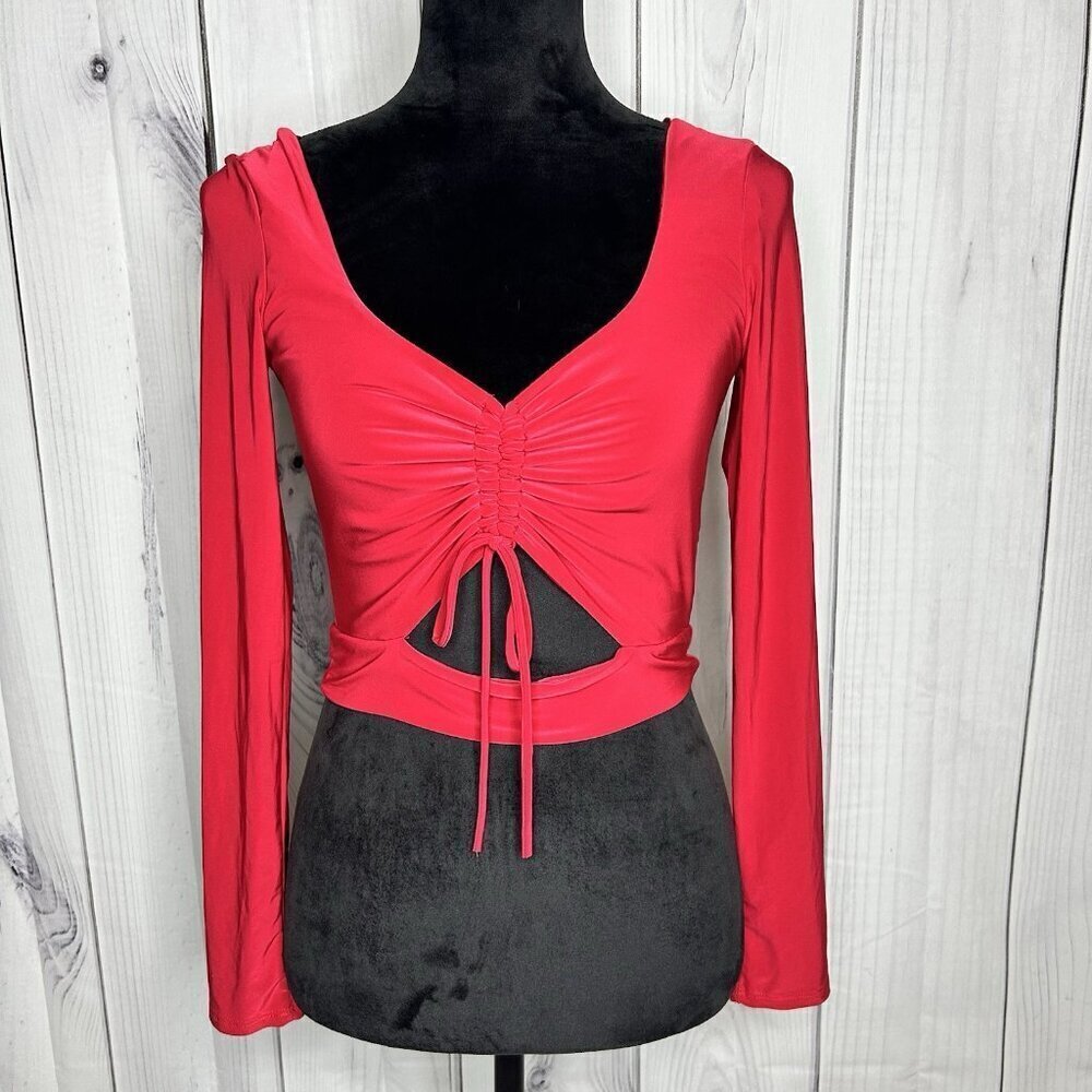 Mikey & Joey Women Red Stretch Sz Small Long Sleeve Crop Bodycon Blouse Top